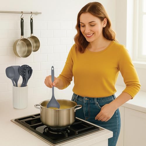 Glad Kitchen Utensils Set, 8pcs - Nonstick Cooking Tools with Utensil Holder - Nylon Spoon, Ladle, Skimmer, Spaghetti Server, and Turner Spatula Set - Dishwasher Safe, Grey, (Pack of 6) - Image 5