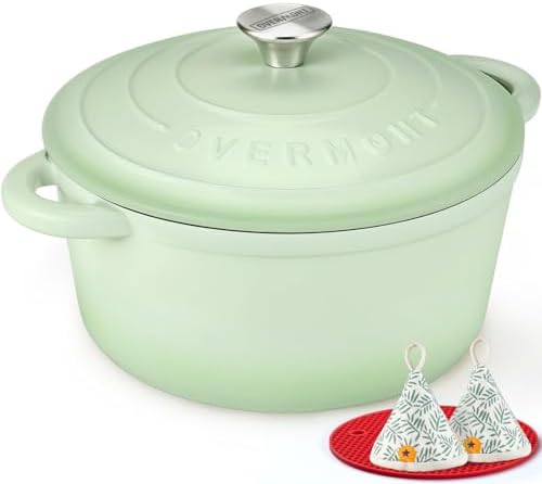 Overmont Enameled Cast Iron Dutch Oven - 5.5QT Pot with Lid Cookbook & Cotton Potholders - Heavy-Duty Cookware for Braising, Stews, Roasting, Sourdough Baking Verdant by Overmont