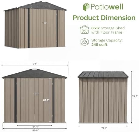 Patiowell 8x6 FT Outdoor Storage Shed with Floor Frame, Metal Garden Sheds - Image 2