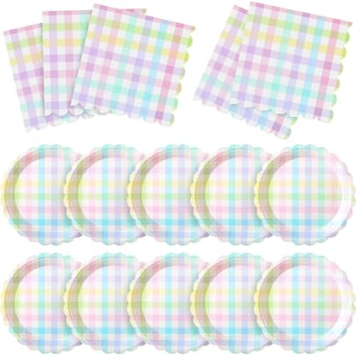 Roshtia 120 Pcs Pastel Gingham Paper Plates and Napkins Set by Roshtia