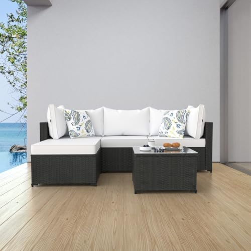 Patio Furniture Set, 5PCS Outdoor Sectional with Ottoman Wicker Rattan Patio Couch with Thickened Cushion Modular Wicker Patio Conversation Set with Glass Top Table for Balcony, Backyard (White) - Image 7
