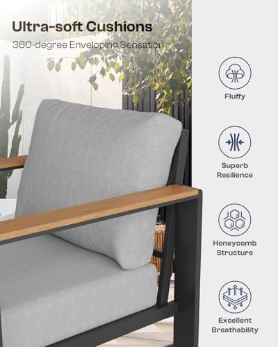 Aluminum Outdoor Patio Furniture Set with Coffee Table, 4 Piece Patio Conversation Sets with Washable Thick Cushions, Patio Sectional Furniture Set for Porch, Balcony, Yard, Gray - Image 6
