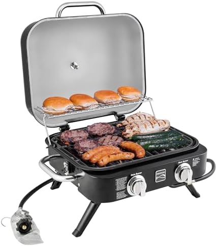 Kenmore Portable Propane Gas Grill - Tabletop BBQ Grill with Warming Rack, 2 Stainless Steel Burners with 14,000 BTUs, for Outdoor Kitchen, Camping, Black by Kenmore