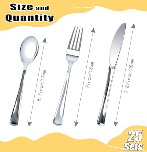 HEIPINIUYE 75 Pack Silver Plastic Cutlery Heavy Duty Silver Plastic Knives Forks and Spoons Disposable Silverware Set for 25 Guest Camping Birthday Baby Shower Wedding Party Utensils Set - Image 3