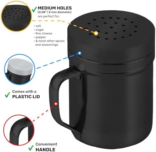 CUSINIUM 6oz Black Stainless Steel Salt Pepper Dredge Shakers - With Plastic Cap - With Handle - Pack of 2 - Image 3