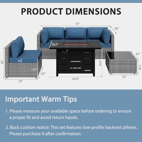 Shintenchi 6 Piece Outdoor Patio Furniture Set with 43 Inch Propane Fire Pit, Washable Cushions, Glass Coffee Table, Waterproof Cover & CSA Certified for Backyard Poolside, Silver PE Rattan/Navy Blue - Image 2