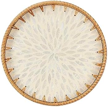 Kmelep Round Rattan Tray with Mother of Pearl Inlay, Rattan Serving Tray with Wooden Base, Decorative Wicker Basket for Table Decor, Storage and Display of Coffee Bread Food Fruit (Leaf 2) by Kmelep
