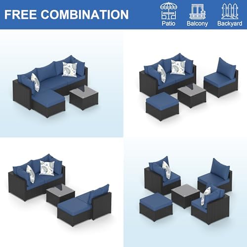 Patio Furniture Set, 5PCS Outdoor Sectional w/ Ottoman & Cushion, Navy Blue - Image 6