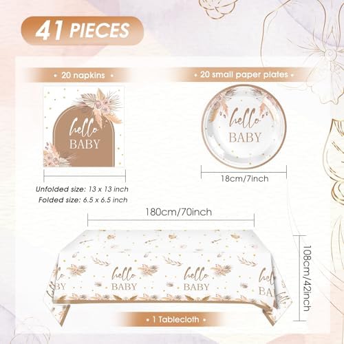 41Pcs Boho Baby Shower Decorations Bohemian Floral Pampas Grass Theme Tableware Neutral Birthday Decorations Boho Flower Paper Plates Napkins Tablecloth丨Boy Girl Birthday Baby Shower Party,Serves 20 - Image 2