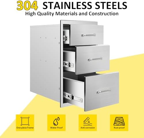 Outdoor Kitchen Drawers 20" W x 27" H x 23" D Flush Mount Triple BBQ Drawers with Chrome Handle Stainless Steel Drawer for Outdoor Kitchen Island, Patio Grill Station - Image 3