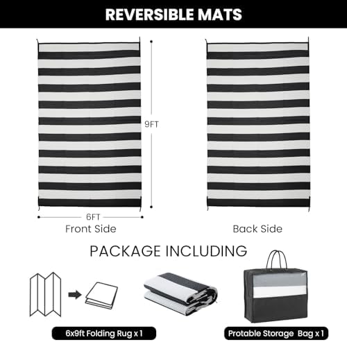 Outdoor Rug 6 x9 ft, Plastic Rug for Patio, Black & White - Image 2