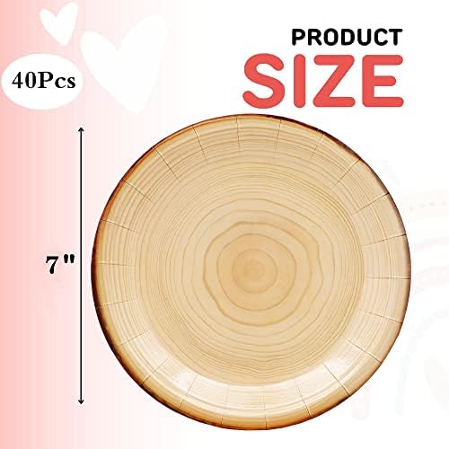 40Pcs Wood Grain Party Supplies Wood Grain Paper Plates 7" Rustic Wood Slice Dessert Plates Camp-Fire Party Supplies Camping Woodland Animal Baby Shower Lumberjack Theme Birthday Part y Decorations - Image 2