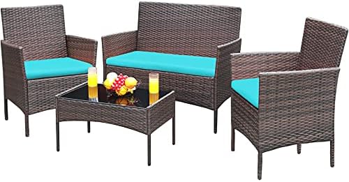 Greesum Patio Furniture 4 Pieces Conversation Sets,Brown and Blue by BuynowfromGreesum