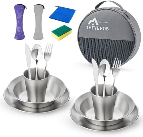 Stainless Steel Camping Mess Kit for 1-4 People,All-in-One Camping Cookware & Tableware Set with Plates,Bowls, Cups,Cutlery & Carry Bag,Outdoor Cooking Utensils for Camping,Backpacking,Hiking, Picnic by THTYBROS