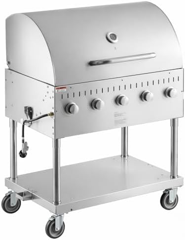 Commercial Stainless Steel Outdoor Liquid Propane Grill with Roll Dome Lid, 36" Cooking Surface, 5 Burners, 80,000 BTU, for Restaurant Patio, Resort, Catering, Outdoor Kitchen, Hotel by Krollen+Industrial
