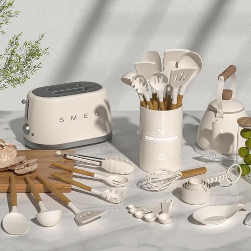 Umite Chef Kitchen Cooking Utensils Set, 33 pcs Non-Stick Silicone Cooking Kitchen Utensils Spatula Set with Holder, Wooden Handle Silicone Kitchen Gadgets Utensil Set (Khaki) - Image 2