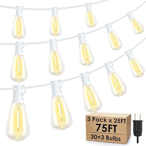 Larkvue 75FT(3x25FT) Outdoor String Lights, Patio Lights with 30+3 LED Dimmable Waterproof Connectable ST38 Bulbs for Gazebo Backyard Christmas, White by Larkvue
