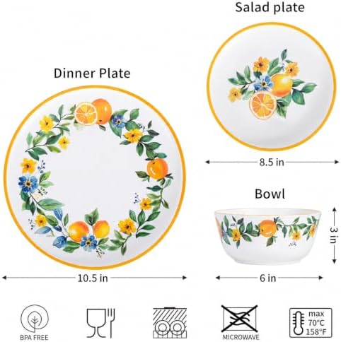 Lemon Dinnerware Set for 4, 12-Piece Melamine Plates and Deep Bowls - Image 2