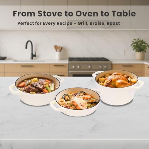 QuliMetal Enameled Cast Iron Set 5-Pc, 10" Stackable Space-Saving Cookware Set, Dutch Oven, Skillet, Grill Pan, with 2 Universal Lid, Versatile Enamel Dutch Oven, Included Spacers, White - Image 3