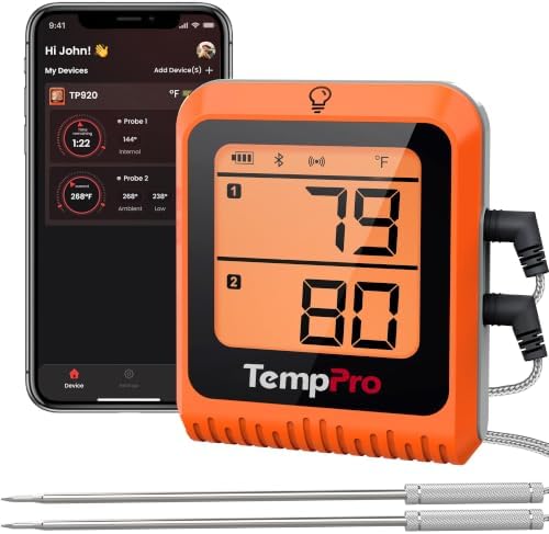TempPro TempSync 650 ft Bluetooth Meat Thermometer with 2 Probes for Grill by TempPro