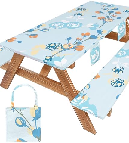 Picnic Table Cover with Bench Covers Waterproof Campsite Tablecloth Patio Backyard Camp Camping Kitchen Essentials Accessories Supplies Rv Cabin Gear Acampar Must Haves Table Cloth Camper Women Gifts by Wrakus