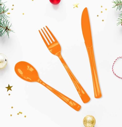 HEIPINIUYE 75 Pack Orange Plastic Cutlery Heavy Duty Fall Plastic Knives Forks and Spoons Disposable Silverware Set for 25 Guest Birthday Baby Shower Thanksgiving Party Cutlery Set - Image 2