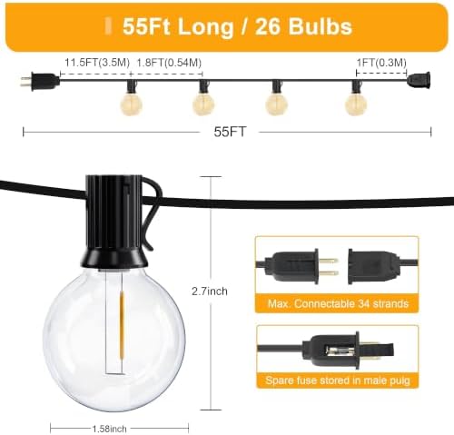 OHLUX Outdoor String Lights, 55FT Shatterproof LED Patio Lights with 26 Dimmable Plastic G40 Bulbs, 2200K Waterproof Connectable Hanging String for Backyard Cafe Porch Deck E12 Base - Image 2