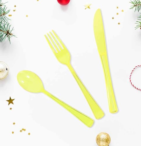 HEIPINIUYE 75 Pack Yellow Clear Plastic Cutlery Heavy Duty Clear Yellow Plastic Knives Forks and Spoons Disposable Silverware Set for 25 Guest Camping Birthday Baby Shower Party Utensil Set - Image 4