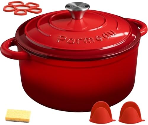 Parmedu 5.5QT Enameled Cast Iron Dutch Oven for Sourdough Bread Baking, Easy Cleaning, Versatile for Stewing, Roasting, Braised Chicken, Soup & More by Parmedu