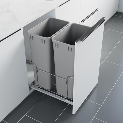 Dowell B18 Aluminum Base Wastebasket Pullout with Door Mount and Two 50Qt/13Gal Plastic Bins (4012 0218+50x2) by DowellKitchenBath