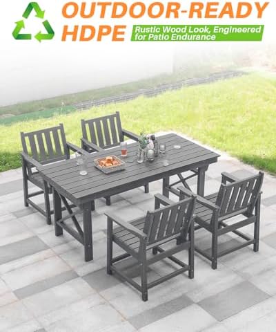 HDPE Patio Dining Set, 5-Piece Outdoor Table and Chairs with Umbrella Hole, Modern Outdoor Dining Set for 4, HDPE Outdoor Patio Furniture Dining Sets for Deck, Poolside, Porch, Smoke Gray - Image 4