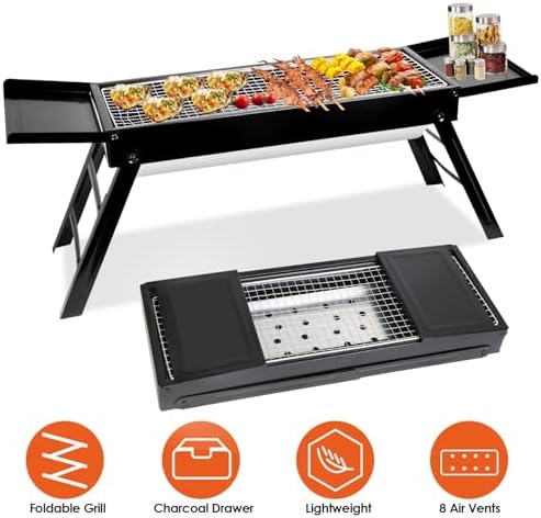 KOCASO Foldable Charcoal BBQ Grill with Shelf Stainless Steel Grill Net Easy Setup Portable Tabletop Barbecue Grill for Camping Picnic Outdoor Party Backyard - Image 2