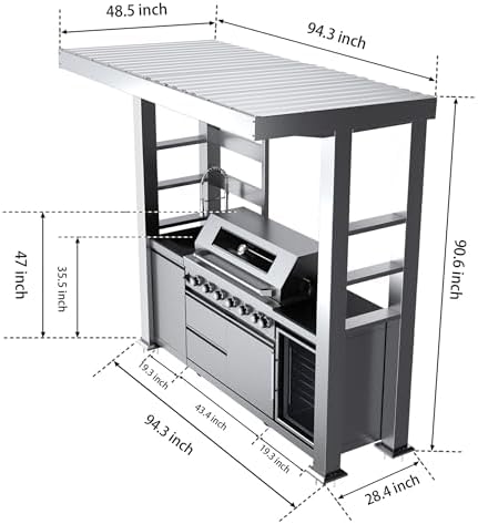 94 Inch Outdoor Kitchen Island, 85000 BTU 6 Burner Propane Gas Grill Combination With Rain Shelter Refrigerator and Sink, Outdoor Stainless Steel Barbecue Bar Grill for Patios, Gardens, Parties - Image 3