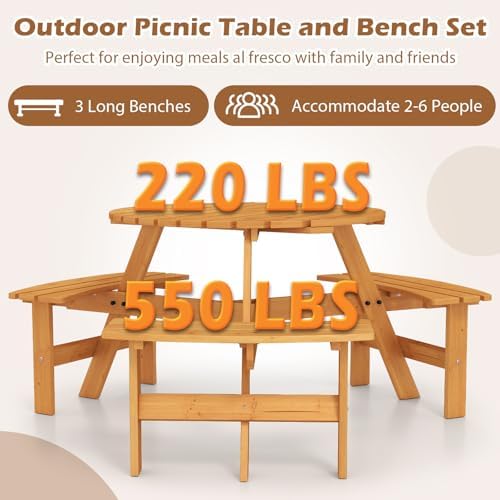 Giantex 6-Person Round Picnic Table Set with 3 Benches, 550 LBS Bench Capacity, 2" Umbrella Hole, Circular Outdoor Wood Dining Table & Chairs for Patio Yard Garden Porch Deck (68”x62”x28”,Yellow) - Image 6