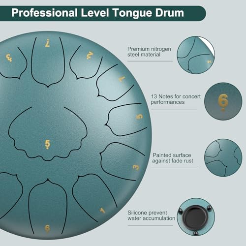 D Major Steel Tongue Drum Handpan, 12 Inch 13 Note Rain Drum for Garden Outside, Meditation Rain Chime, Musical Percussion Instrument for Adult Gift with Bag, Music Book, Drum Mallets (Moss Blue) - Image 2