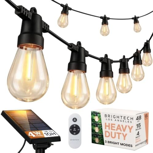 Brightech Ambience Pro Super Bright Solar - 48Ft Remote Control Outdoor String Lights with 15 Shatterproof S14 Bulbs, Commercial Grade LED, Waterproof Patio Lights, 4W Soft White for Patios, Gardens by Brightech