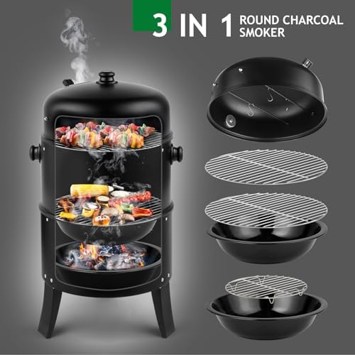 Outvita Vertical 17 Inch Charcoal BBQ Smoker, 3-in-1 Portable Grill Cooker - Image 5
