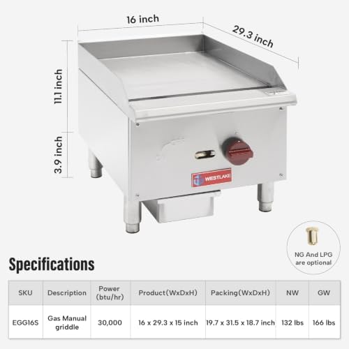 WESTLAKE 16"W Commercial Gas Griddle Countertop - Image 2