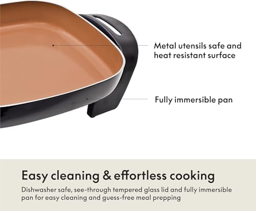bella 12x12 Electric Skillet & Frying Pan with Glass Lid, Nontoxic, Coppper - Image 6