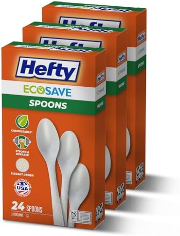 Hefty ECOSAVE Compostable Spoons, 3 Pack, Disposable Spoons for BBQs, Tailgates, Camping, Parties, and More, Strong and Durable Construction, Sustainable Design, 24 per Pack, 72 Total by Hefty