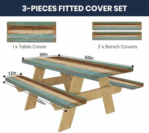 CAPSCEOLL Picnic Table Cover with Bench Covers 5ft - Blue Brown Wood - Image 2