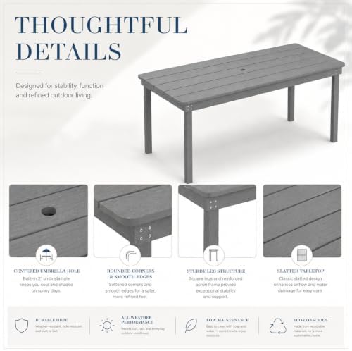 67" Rectangular Outdoor Dining Table, All-Weather HDPE Patio Table for 6-8 Person, Large Composite Wood Furniture with Umbrella Hole for Backyard Deck Garden Poolside, Gray - Image 7