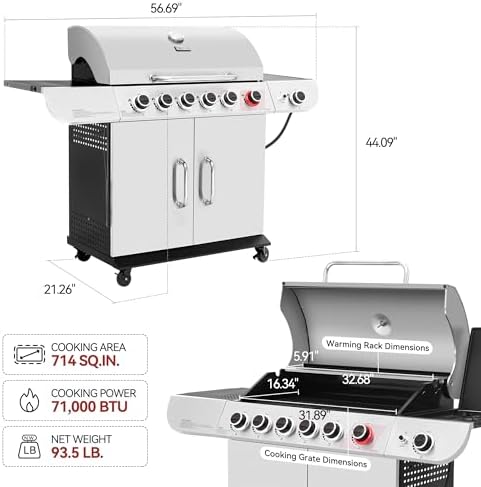 Royal Gourmet SG6002R 6-Burner Propane Gas Grill with Side Burner, Silver - Image 3