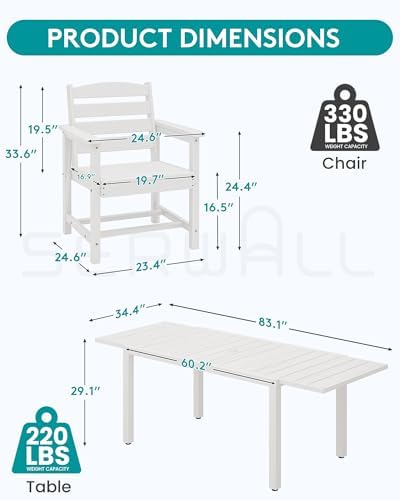 SERWALL 60" - 83" Expandable Outdoor Dining Table and 6 HDPE Chairs, White - Image 5