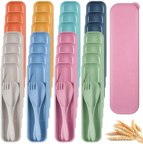 28 Sets Reusable Travel Utensils, Wheat Straw Cutlery Set 7 Assorted Colors, Portable Fork Spoon Cutter with Case, Lunch Box Tableware Set, Utensil Set for School Picnic Travel Outdoor Activities by OMISTAR