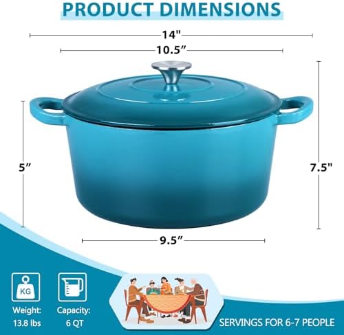 E-far 6 Quart Dutch Oven, Enameled Cast Iron Dutch Oven Pot with Lid, Nonstick Round Cookware for Braising/Stews/Roasting/Bread Baking/Cooking, Heavy Duty, Induction & Oven Safe - Teal Mist - Image 2