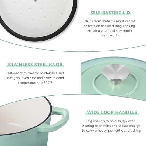 E-far 3 Qt Enameled Cast Iron Dutch Oven with Lid, Small Round Nonstick Dutch Oven Pot for Bread Baking Braising Stews Roasting Cooking, Heavy Duty, Induction & Oven Safe - Sage Green - Image 7