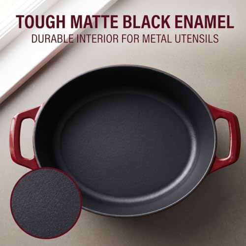 La Cuisine Enameled Cast Iron Oval Dutch Oven Casserole Dish Pot with Lid 6.75 QT Internal Matt Black Enamel Coating Gold-Plated Stainless Steel Lid Handle Oven Safe Cranberry - Image 3