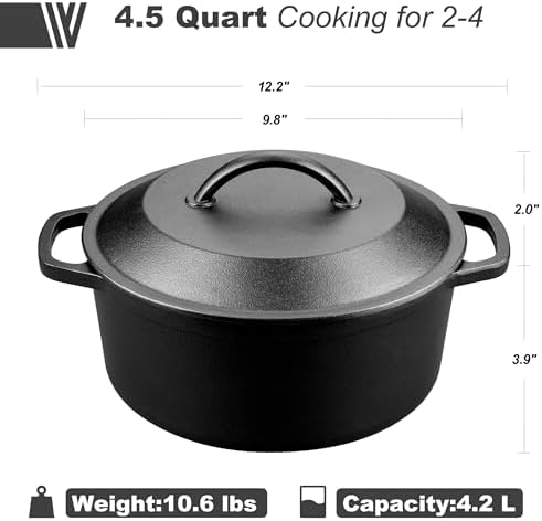 VORRINGARD Pre-Seasoned Cast Iron Dutch Oven with Lid, Round and Dual Handles, for Stovetop, Camping, Grill, Induction, Electric, Black, 4.5qt - Image 2