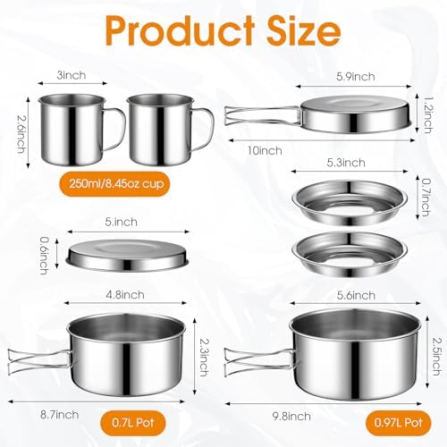 Funnymoom 14 Piece Camp Cooking Set, Stainless Steel Camping Cookware with Pot and Pan Kit 2 Set Stainless Steel Cups Plates Forks Knives Spoons for Camping, Backpacking, Outdoor Cooking and Picnic - Image 3